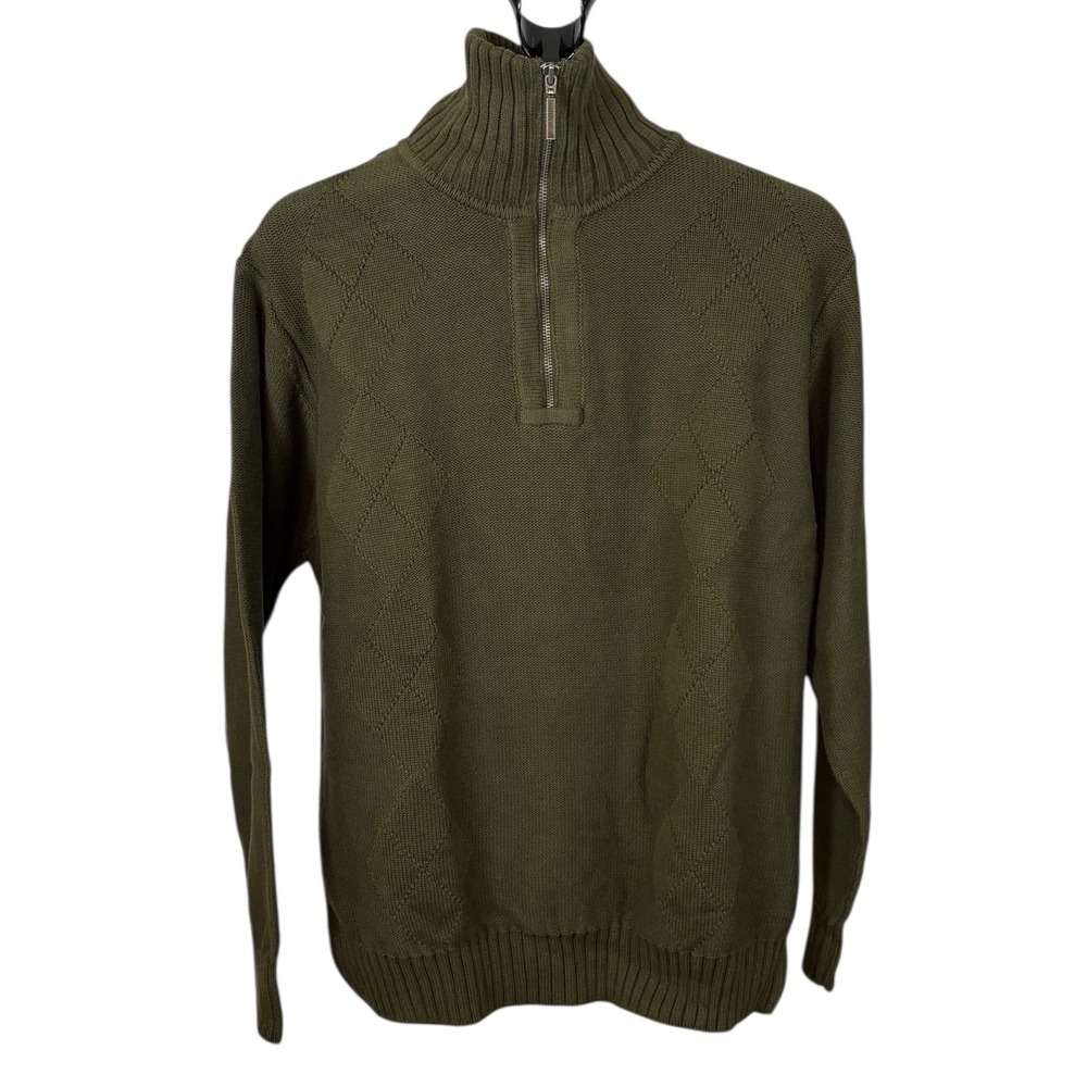 Geoffrey Beene Mens XL Olive Drab‎ 100% Cotton Argyle Quarter Zip Sweater